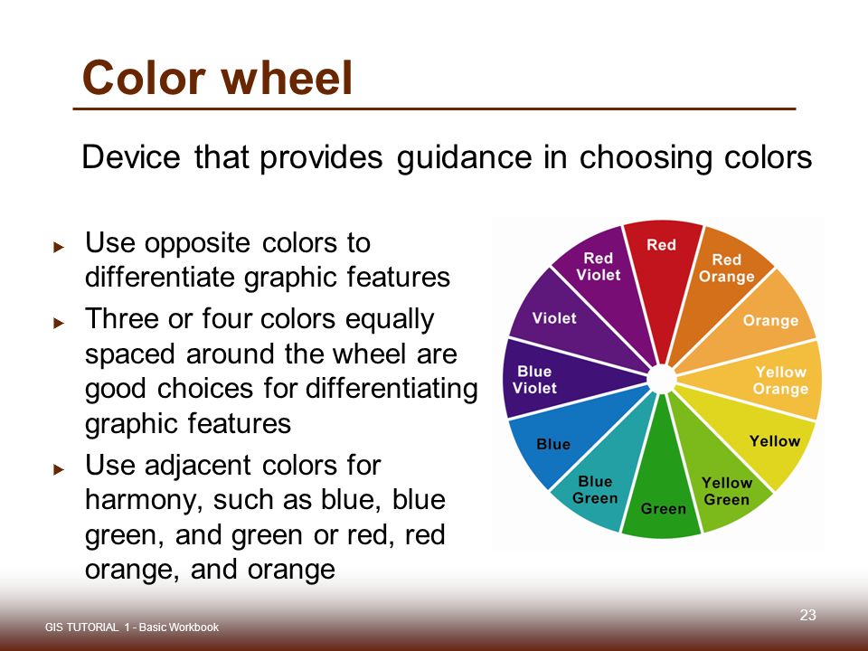 23 Device that provides guidance in choosing colors  Use opposite colors to differentiate graphic features  Three or four colors equally spaced around the wheel are good choices for differentiating graphic features  Use adjacent colors for harmony, such as blue, blue green, and green or red, red orange, and orange GIS TUTORIAL 1 - Basic Workbook Color wheel