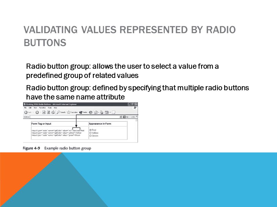 VALIDATING VALUES REPRESENTED BY RADIO BUTTONS Radio button group: allows the user to select a value from a predefined group of related values Radio button group: defined by specifying that multiple radio buttons have the same name attribute