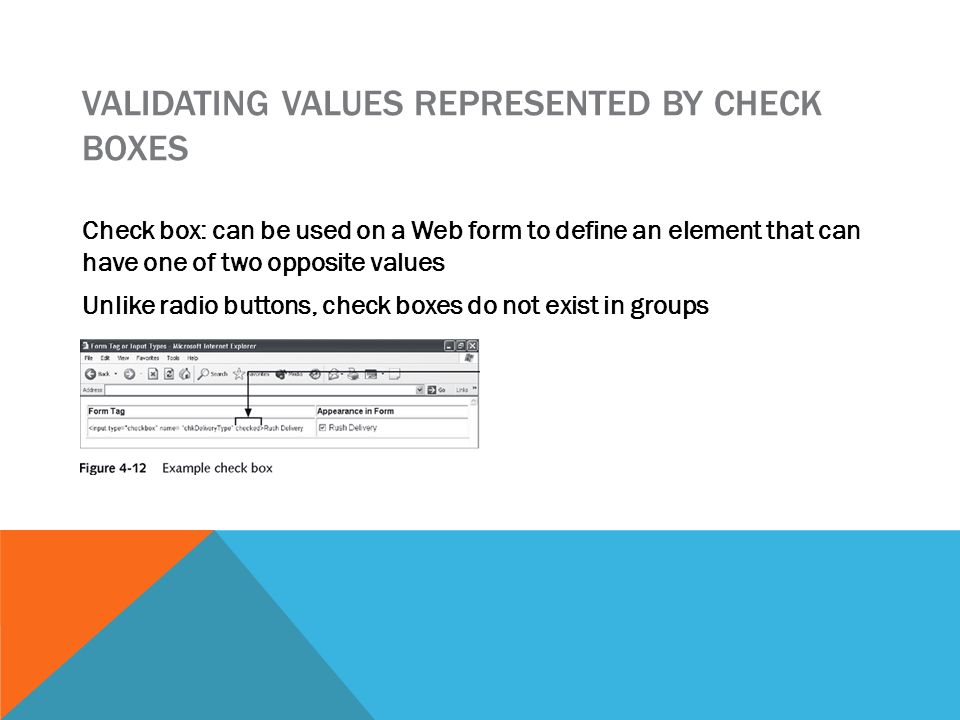 VALIDATING VALUES REPRESENTED BY CHECK BOXES Check box: can be used on a Web form to define an element that can have one of two opposite values Unlike radio buttons, check boxes do not exist in groups