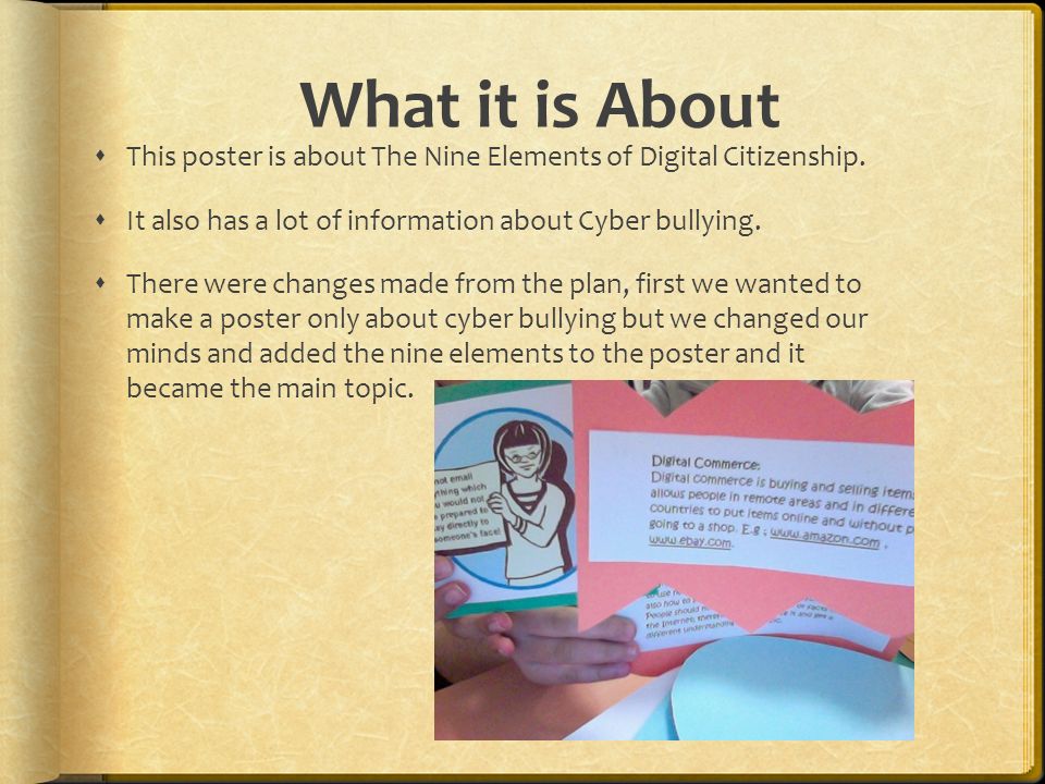 What it is About  This poster is about The Nine Elements of Digital Citizenship.