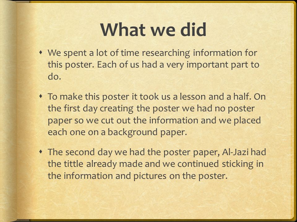 What we did  We spent a lot of time researching information for this poster.