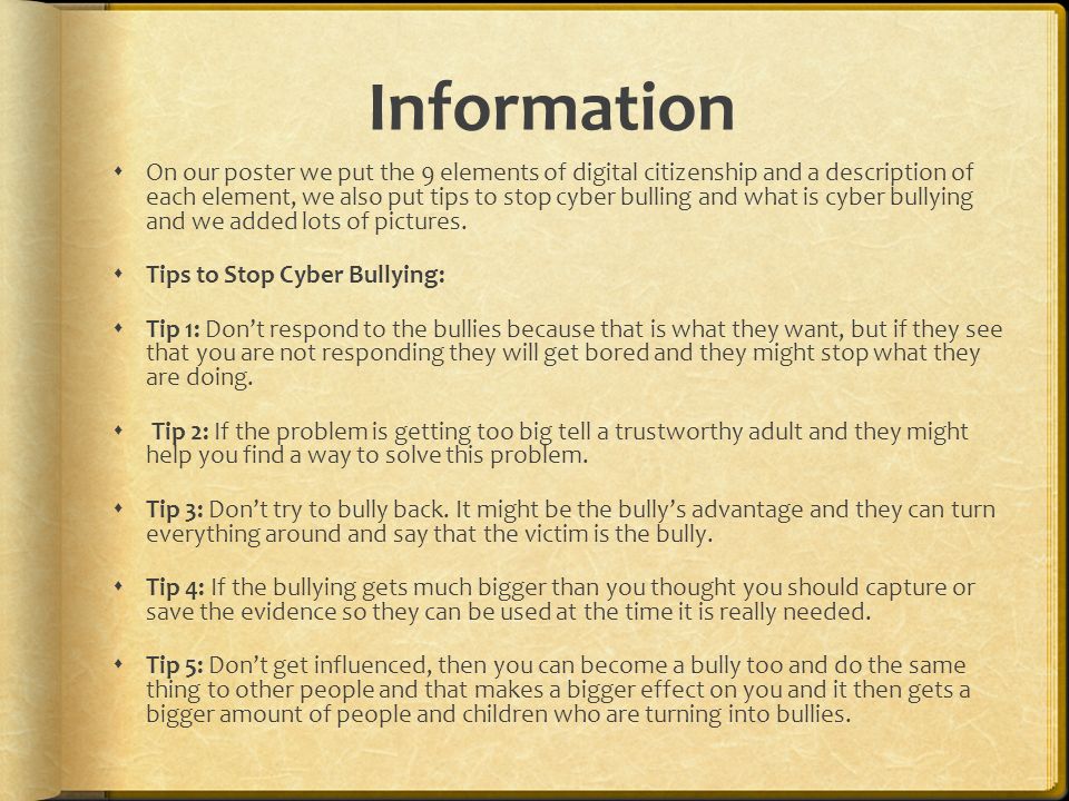 Information  On our poster we put the 9 elements of digital citizenship and a description of each element, we also put tips to stop cyber bulling and what is cyber bullying and we added lots of pictures.