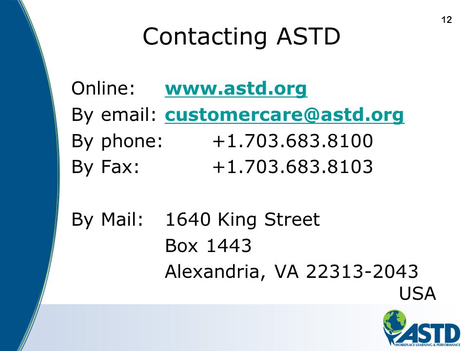 12 Contacting ASTD Online:   By   By phone: By Fax: By Mail: 1640 King Street Box 1443 Alexandria, VA USA