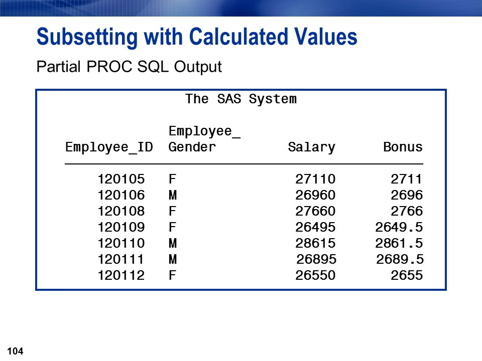 104 Subsetting with Calculated Values Partial PROC SQL Output 104 The SAS System Employee_ Employee_ID Gender Salary Bonus ƒƒƒƒƒƒƒƒƒƒƒƒƒƒƒƒƒƒƒƒƒƒƒƒƒƒƒƒƒƒƒƒƒƒƒƒƒƒƒƒƒƒƒƒƒ F M F F M M F