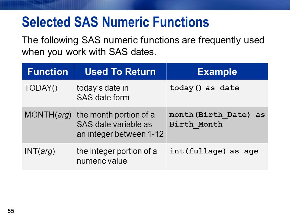 55 Selected SAS Numeric Functions The following SAS numeric functions are frequently used when you work with SAS dates.