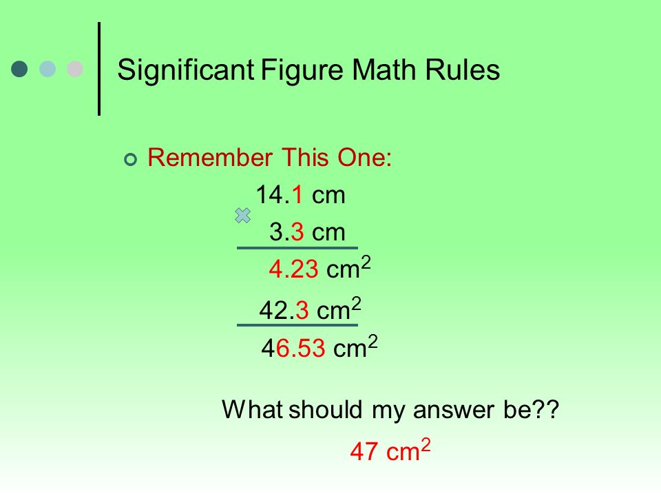 Significant Figure Math Rules Remember This One: 14.1 cm 3.3 cm 4.23 cm cm cm 2 What should my answer be .