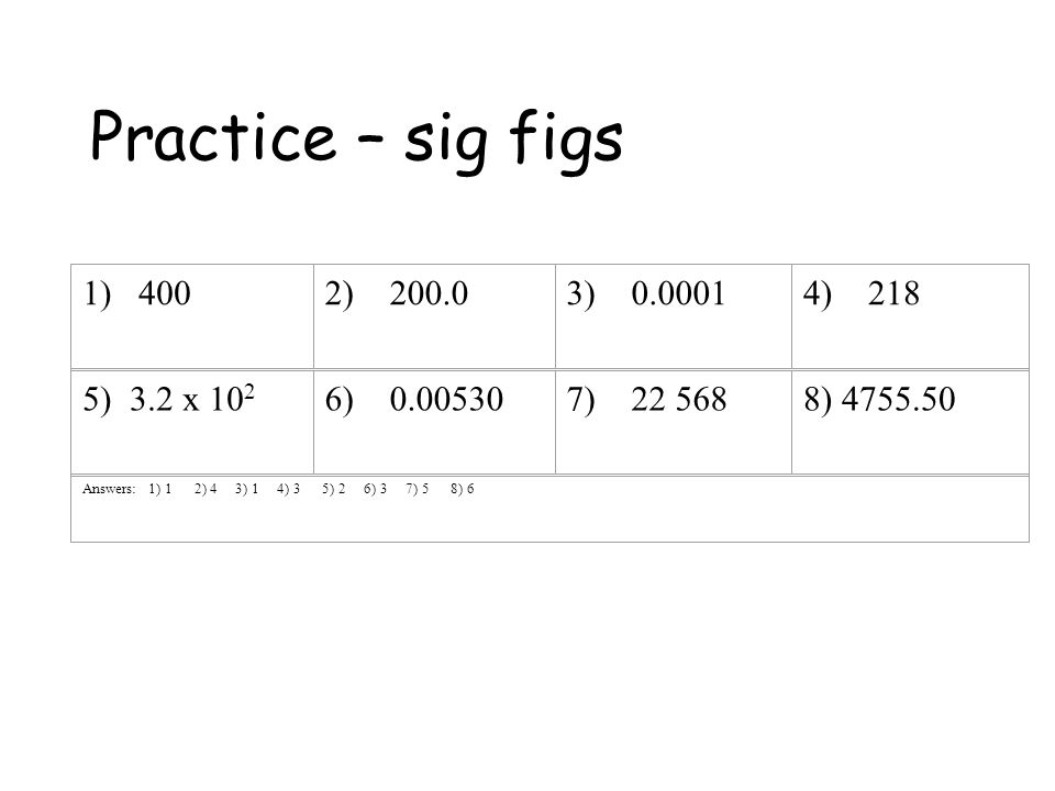 Practice – sig figs 1) 400 2) ) ) 218 5) 3.2 x ) ) ) Answers: 1) 1 2) 4 3) 1 4) 3 5) 2 6) 3 7) 5 8) 6