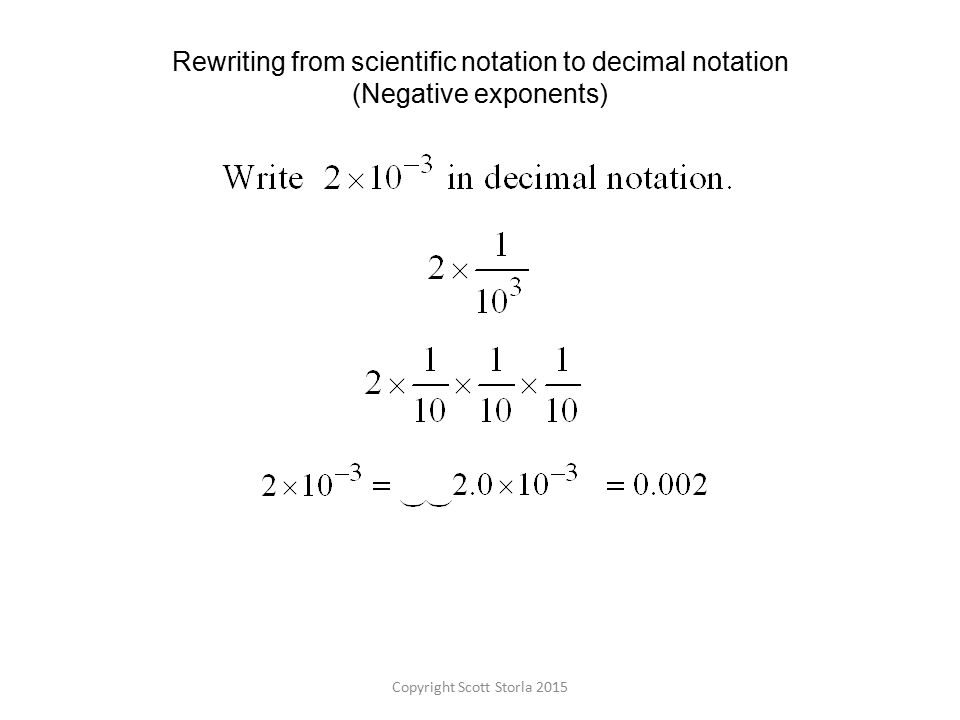Copyright Scott Storla 2015 Rewriting from scientific notation to decimal notation (Negative exponents)
