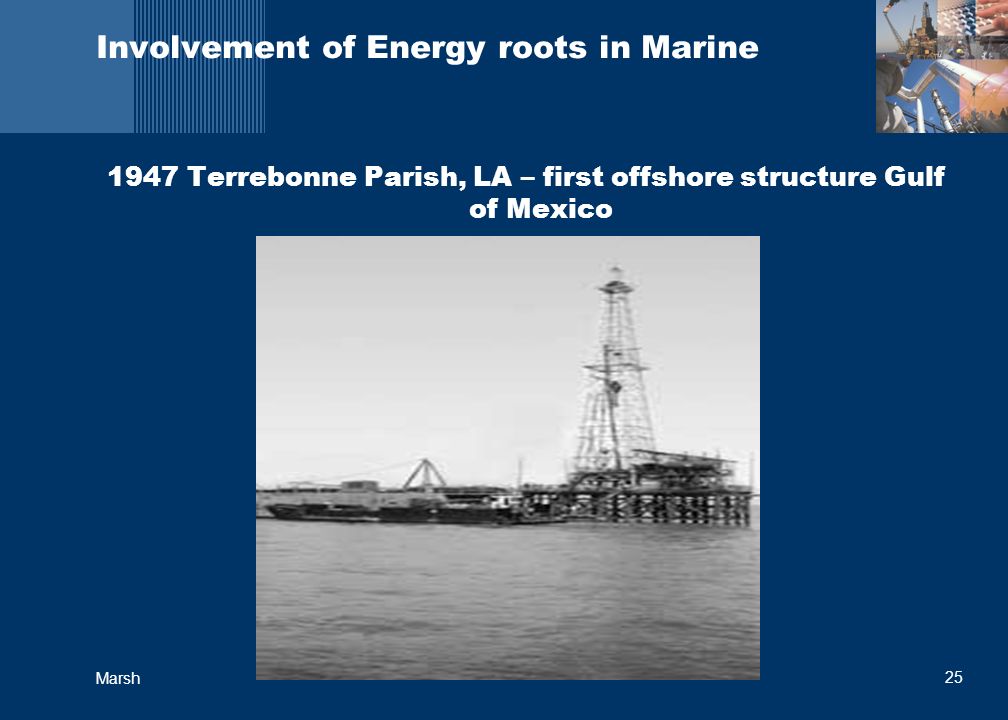 25 Marsh Involvement of Energy roots in Marine 1947 Terrebonne Parish, LA – first offshore structure Gulf of Mexico