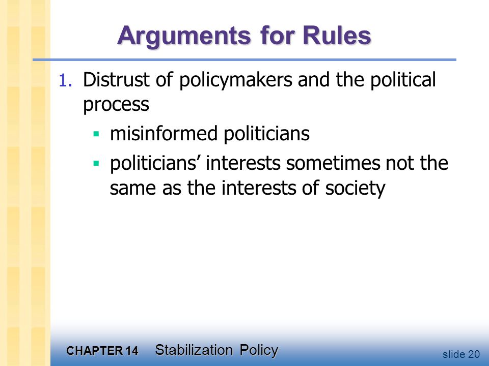 CHAPTER 14 Stabilization Policy slide 20 Arguments for Rules 1.