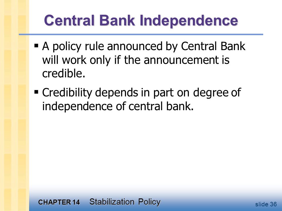CHAPTER 14 Stabilization Policy slide 36 Central Bank Independence  A policy rule announced by Central Bank will work only if the announcement is credible.