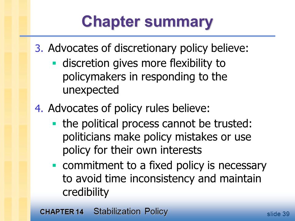 CHAPTER 14 Stabilization Policy slide 39 Chapter summary 3.