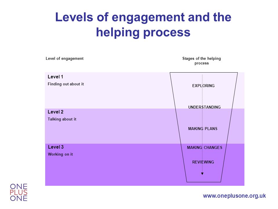 Level 3 Working on it Level 2 Talking about it Level 1 Finding out about it Level of engagementStages of the helping process EXPLORING UNDERSTANDING MAKING CHANGES MAKING PLANS REVIEWING Levels of engagement and the helping process