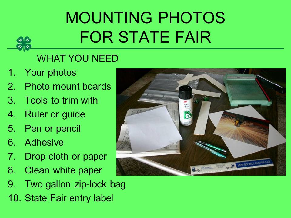 MOUNTING PHOTOS FOR STATE FAIR WHAT YOU NEED 1.Your photos 2.Photo mount boards 3.Tools to trim with 4.Ruler or guide 5.Pen or pencil 6.Adhesive 7.Drop cloth or paper 8.Clean white paper 9.Two gallon zip-lock bag 10.State Fair entry label