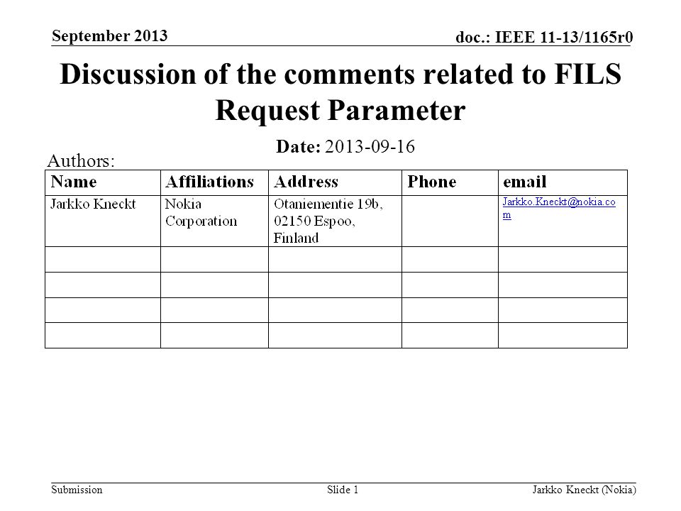 Submission doc.: IEEE 11-13/1165r0 September 2013 Jarkko Kneckt (Nokia)Slide 1 Discussion of the comments related to FILS Request Parameter Date: Authors: