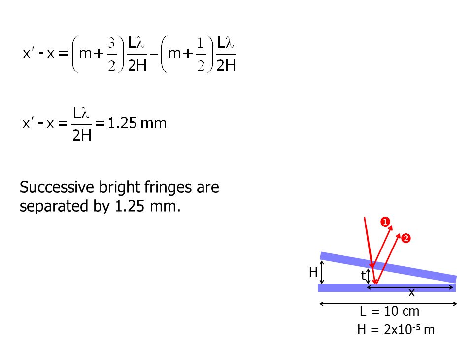H   t x L = 10 cm H = 2x10 -5 m Successive bright fringes are separated by 1.25 mm.