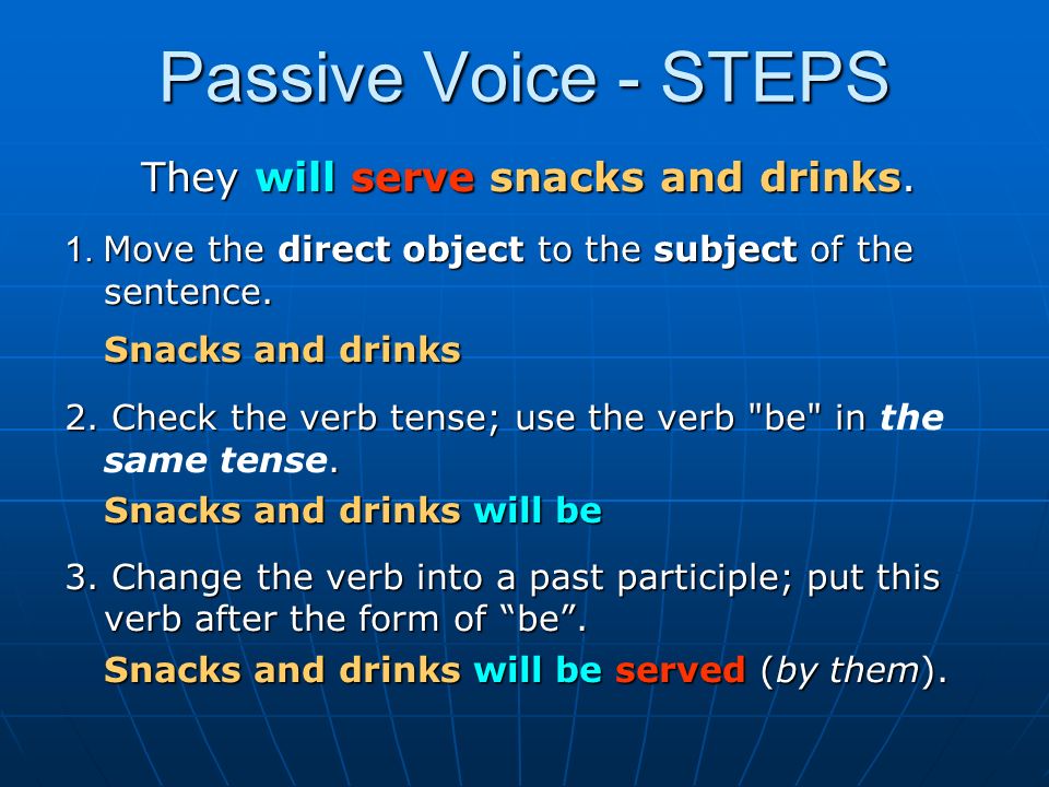 Passive Voice - STEPS They will serve snacks and drinks.