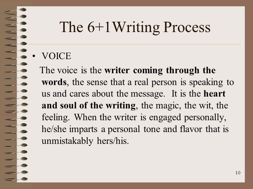 10 The 6+1Writing Process VOICE The voice is the writer coming through the words, the sense that a real person is speaking to us and cares about the message.