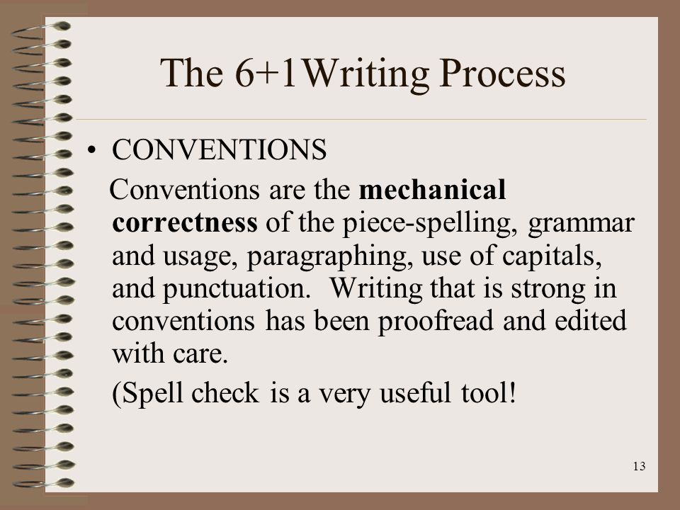 13 The 6+1Writing Process CONVENTIONS Conventions are the mechanical correctness of the piece-spelling, grammar and usage, paragraphing, use of capitals, and punctuation.