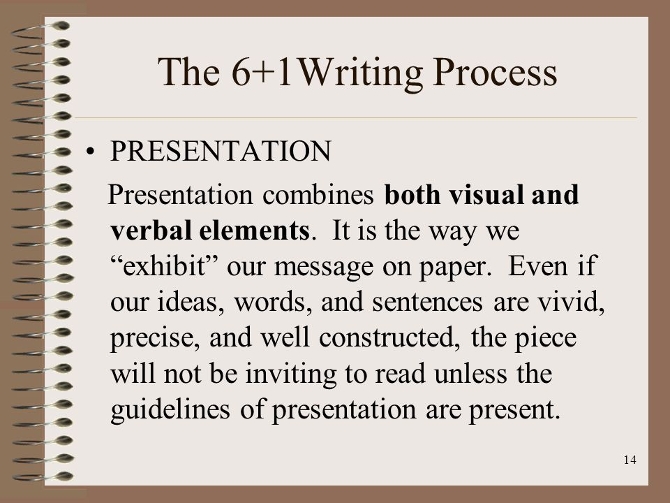 14 The 6+1Writing Process PRESENTATION Presentation combines both visual and verbal elements.