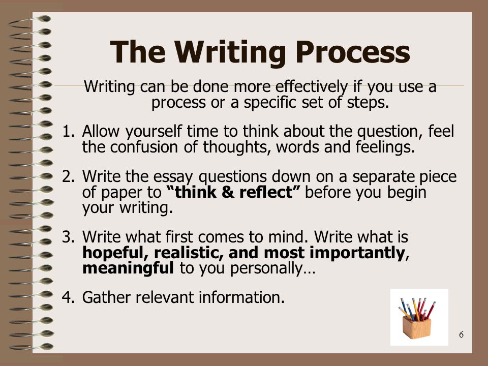 6 The Writing Process Writing can be done more effectively if you use a process or a specific set of steps.