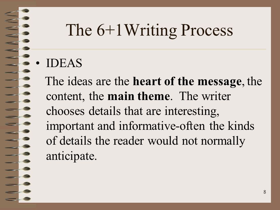 8 The 6+1Writing Process IDEAS The ideas are the heart of the message, the content, the main theme.