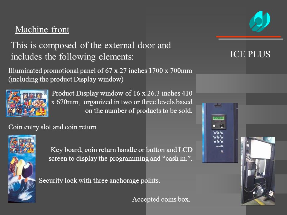 ICE PLUS Machine front This is composed of the external door and includes the following elements: Illuminated promotional panel of 67 x 27 inches 1700 x 700mm (including the product Display window) Product Display window of 16 x 26.3 inches 410 x 670mm, organized in two or three levels based on the number of products to be sold.
