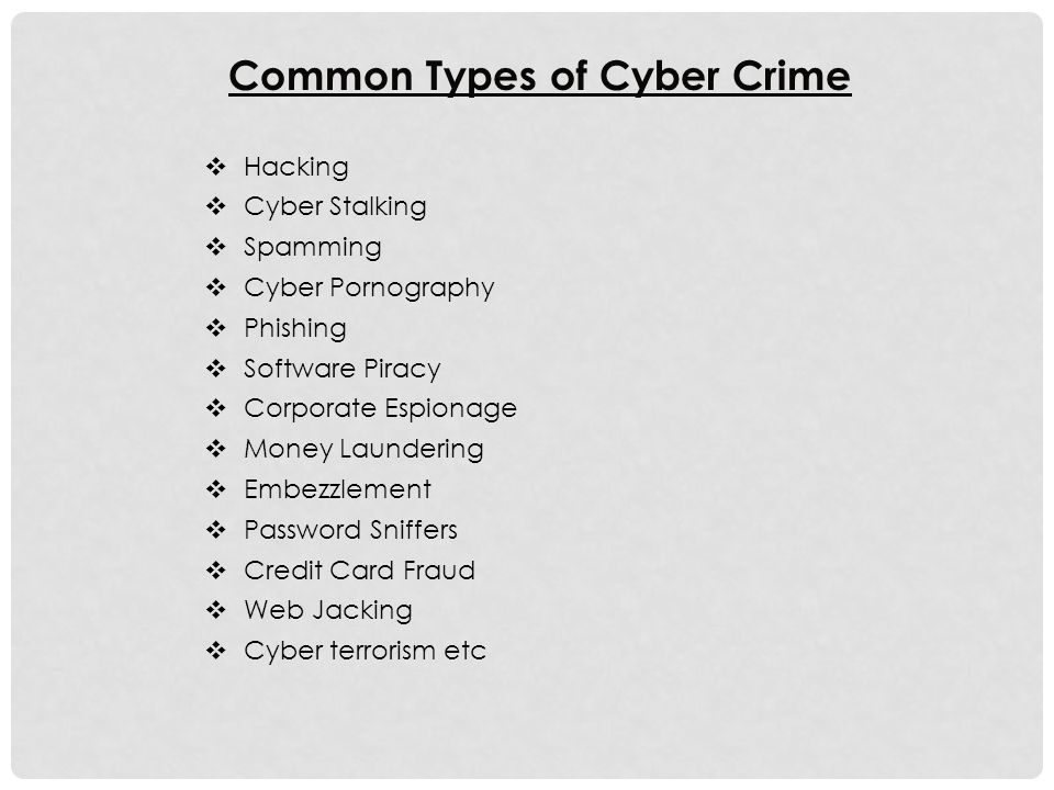 Common Types of Cyber Crime  Hacking  Cyber Stalking  Spamming  Cyber Pornography  Phishing  Software Piracy  Corporate Espionage  Money Laundering  Embezzlement  Password Sniffers  Credit Card Fraud  Web Jacking  Cyber terrorism etc