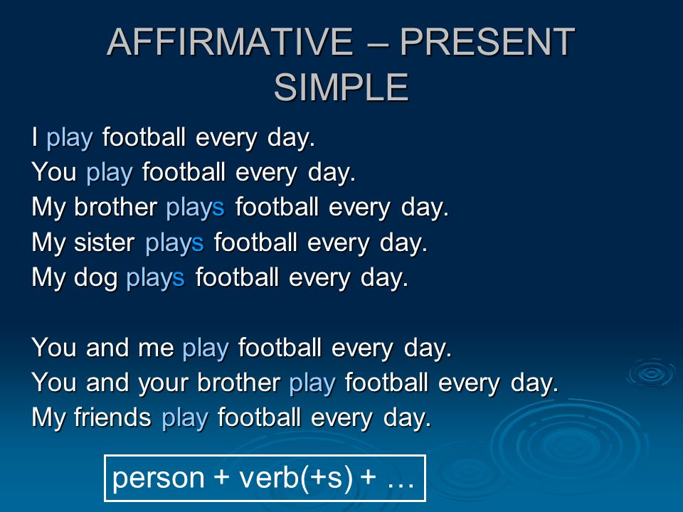 Present simple: I play football Past simple: I played football Future  simple: I'll play football