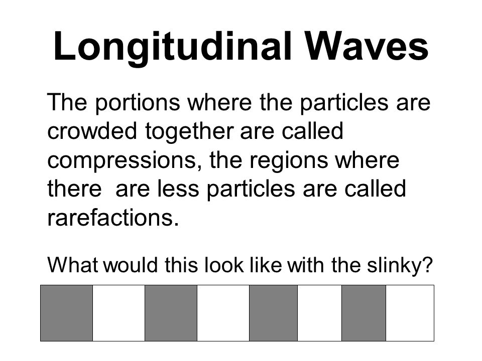 Longitudinal Waves The portions where the particles are crowded together are called compressions, the regions where there are less particles are called rarefactions.