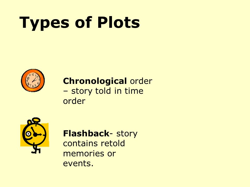 Types of Plots Chronological order – story told in time order Flashback- story contains retold memories or events.