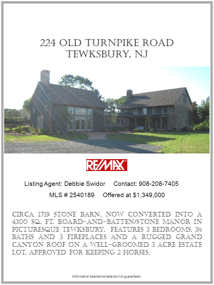 224 Old Turnpike Road Tewksbury, NJ Circa 1719 Stone Barn, now converted into a 4300 sq.