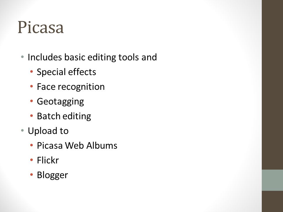 Picasa Includes basic editing tools and Special effects Face recognition Geotagging Batch editing Upload to Picasa Web Albums Flickr Blogger