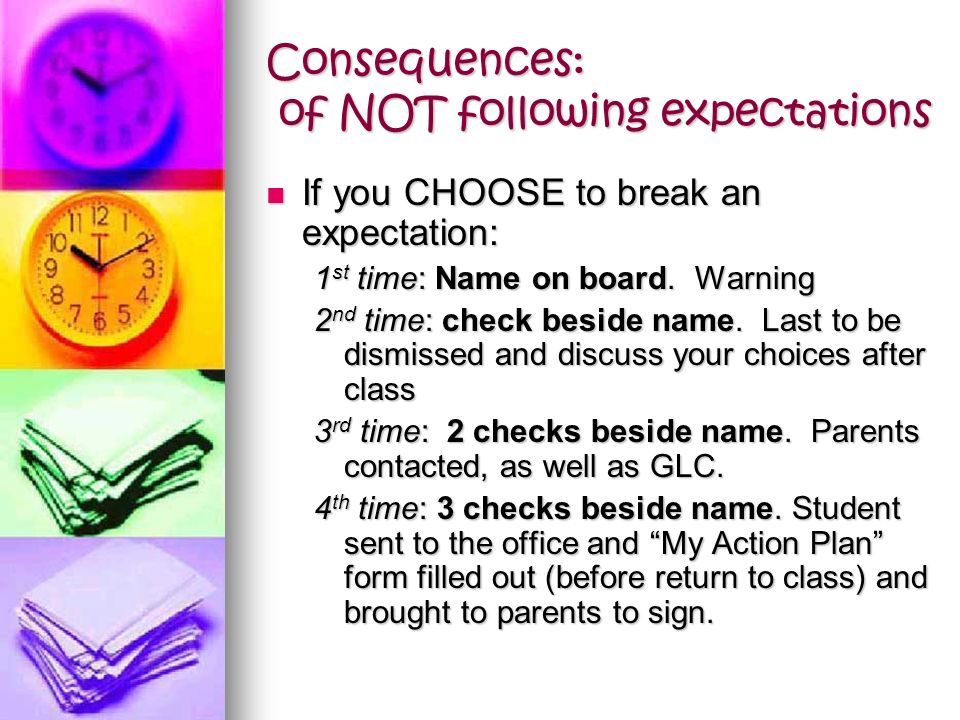 Consequences: of following responsibilities Positives: Positives: Get work done in class = less homework Get work done in class = less homework Reach full potential Reach full potential Well prepared for tests especially The Provincial in June Well prepared for tests especially The Provincial in June Learn how you learn best Learn how you learn best Class is an enjoyable place for everyone to learn Class is an enjoyable place for everyone to learn