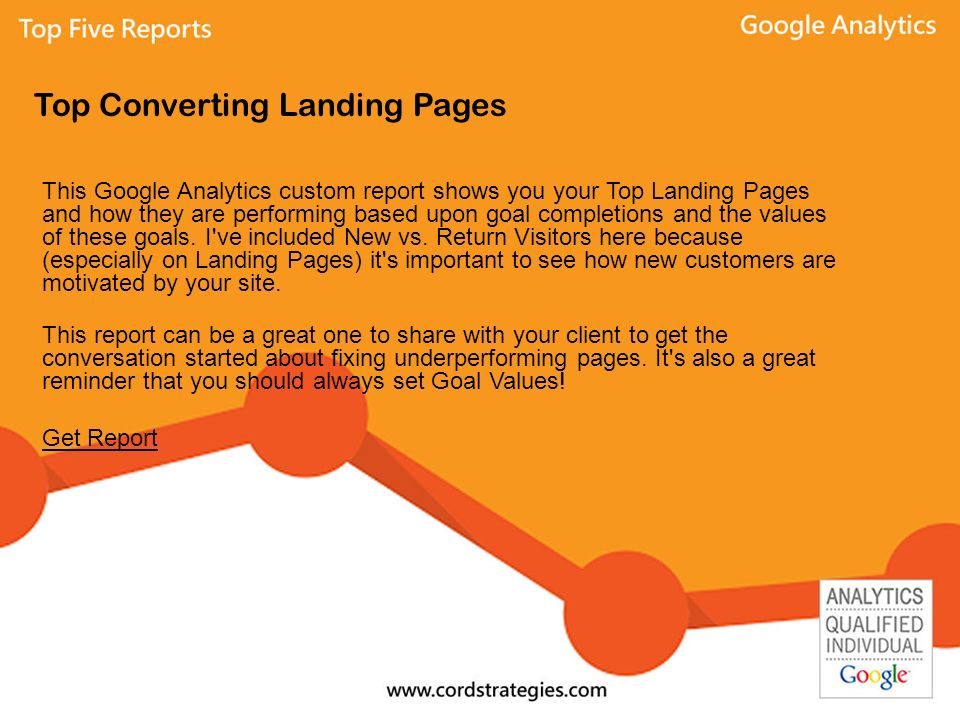 Top Converting Landing Pages This Google Analytics custom report shows you your Top Landing Pages and how they are performing based upon goal completions and the values of these goals.