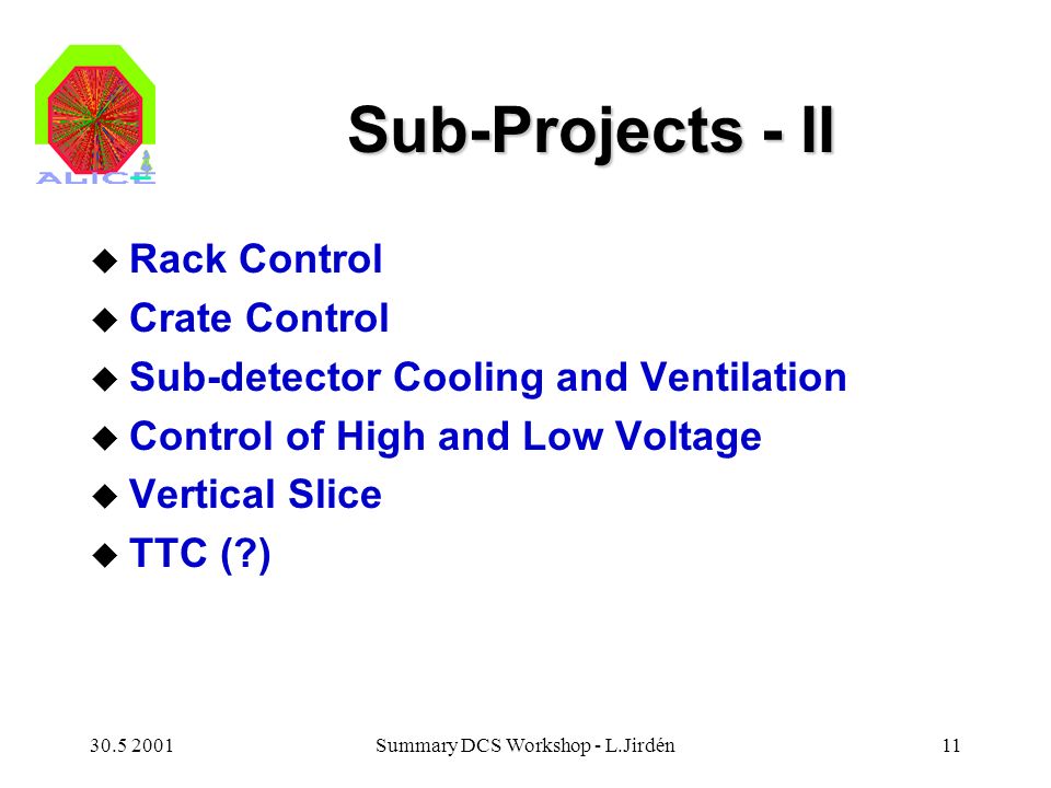 Summary DCS Workshop - L.Jirdén11 Sub-Projects - II u Rack Control u Crate Control u Sub-detector Cooling and Ventilation u Control of High and Low Voltage u Vertical Slice u TTC ( )