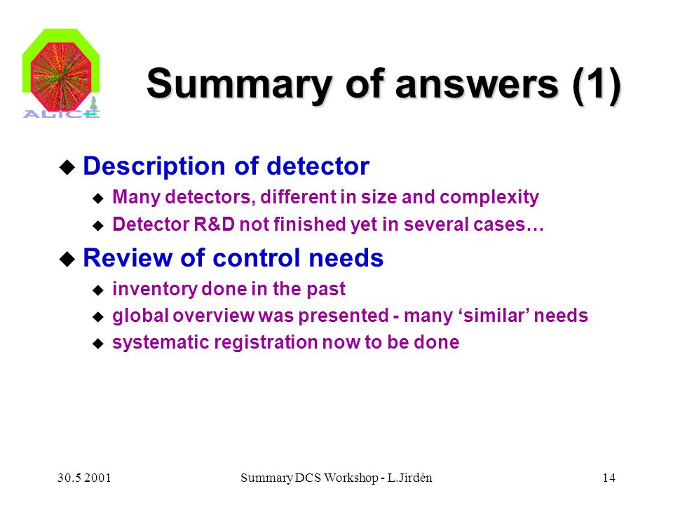 Summary DCS Workshop - L.Jirdén14 Summary of answers (1) u Description of detector u Many detectors, different in size and complexity u Detector R&D not finished yet in several cases… u Review of control needs u inventory done in the past u global overview was presented - many ‘similar’ needs u systematic registration now to be done
