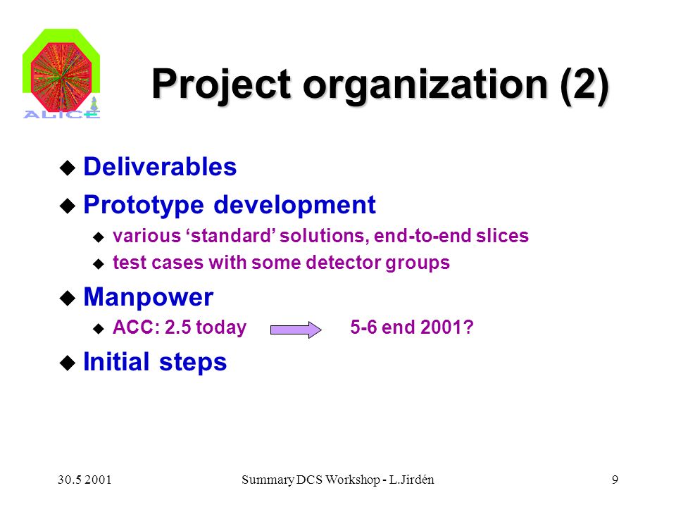 Summary DCS Workshop - L.Jirdén9 Project organization (2) u Deliverables u Prototype development u various ‘standard’ solutions, end-to-end slices u test cases with some detector groups u Manpower u ACC: 2.5 today 5-6 end 2001.
