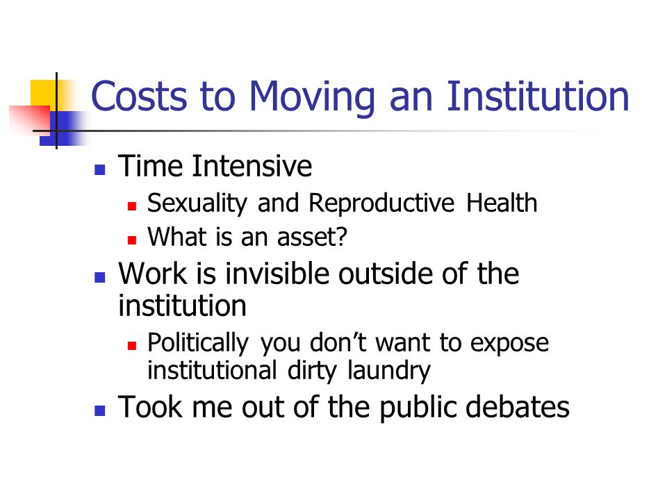 Costs to Moving an Institution Time Intensive Sexuality and Reproductive Health What is an asset.