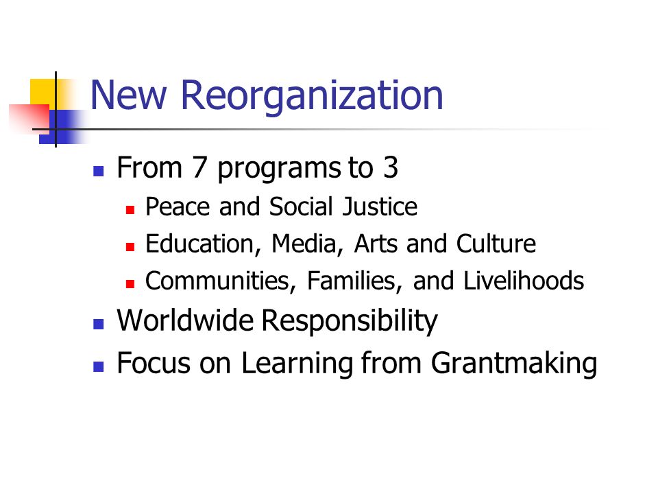 New Reorganization From 7 programs to 3 Peace and Social Justice Education, Media, Arts and Culture Communities, Families, and Livelihoods Worldwide Responsibility Focus on Learning from Grantmaking