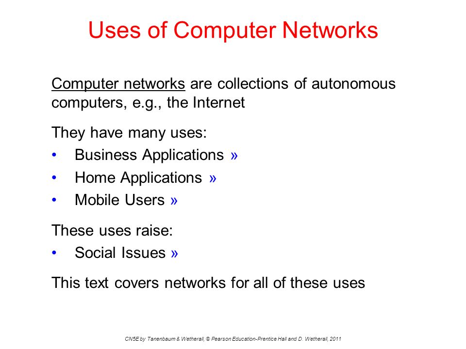 Introduction Chapter 1 CN5E by Tanenbaum & Wetherall, © Pearson  Education-Prentice Hall and D. Wetherall, 2011 Uses of Computer Networks  Network Hardware. - ppt download