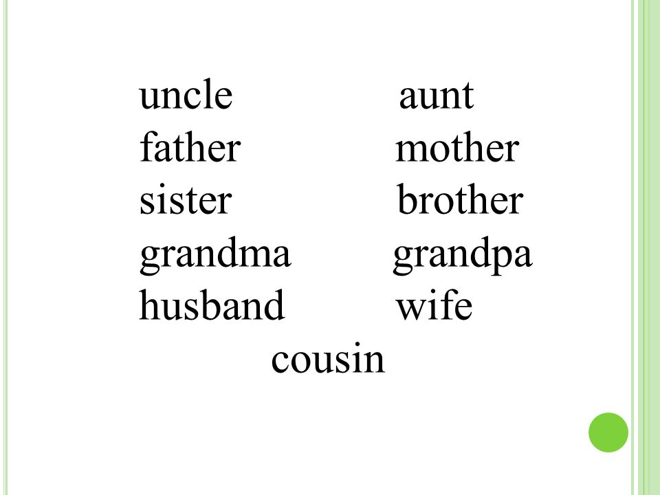 uncle aunt father mother sister brother grandma grandpa husband wife cousin