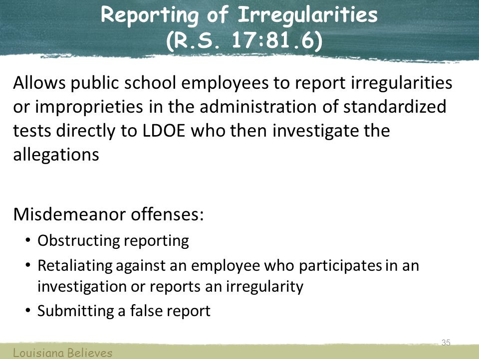 Reporting of Irregularities (R.S.