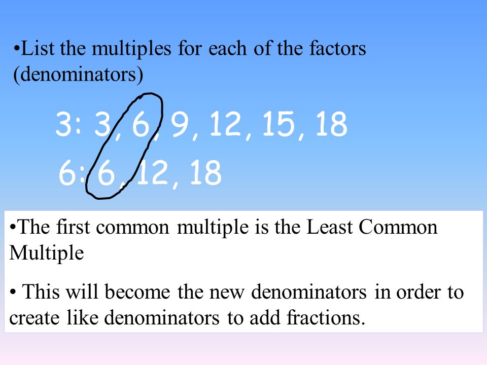+ 2 3 = 6 5 We need to create fractions with like denominators in order to add these fractions.