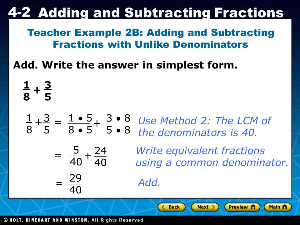 Holt CA Course Adding and Subtracting Fractions Add.