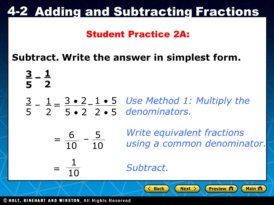 Holt CA Course Adding and Subtracting Fractions Subtract.