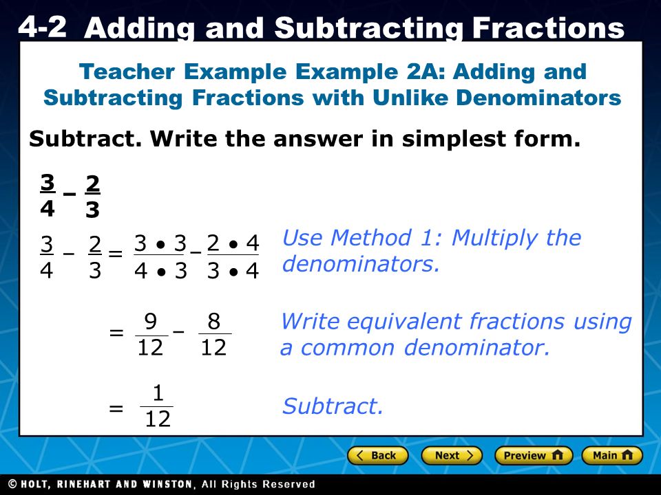 Holt CA Course Adding and Subtracting Fractions Subtract.