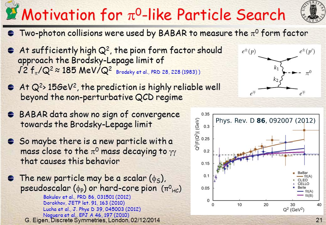 Motivation for  0 -like Particle Search Two-photon collisions were used by BABAR to measure the  0 form factor At sufficiently high Q 2, the pion form factor should approach the Brodsky-Lepage limit of approach the Brodsky-Lepage limit of √2 f  /Q 2 ≈ 185 MeV/Q 2 √2 f  /Q 2 ≈ 185 MeV/Q 2 At Q 2 > 15GeV 2, the prediction is highly reliable well beyond the non-perturbative QCD regime beyond the non-perturbative QCD regime BABAR data show no sign of convergence towards the Brodsky-Lepage limit towards the Brodsky-Lepage limit So maybe there is a new particle with a mass close to the  0 mass decaying to  mass close to the  0 mass decaying to  that causes this behavior that causes this behavior The new particle may be a scalar (  S ), pseudoscalar (  P ) or hard-core pion (π 0 HC ) pseudoscalar (  P ) or hard-core pion (π 0 HC ) G.