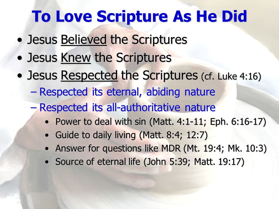 To Love Scripture As He Did Jesus Believed the ScripturesJesus Believed the Scriptures Jesus Knew the ScripturesJesus Knew the Scriptures Jesus Respected the Scriptures (cf.