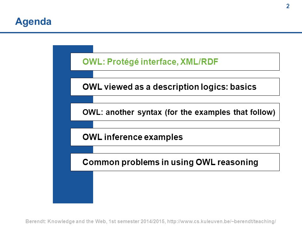 2 Berendt: Knowledge and the Web, 1st semester 2014/2015,   2 Agenda OWL: Protégé interface, XML/RDF OWL viewed as a description logics: basics OWL: another syntax (for the examples that follow) OWL inference examples Common problems in using OWL reasoning